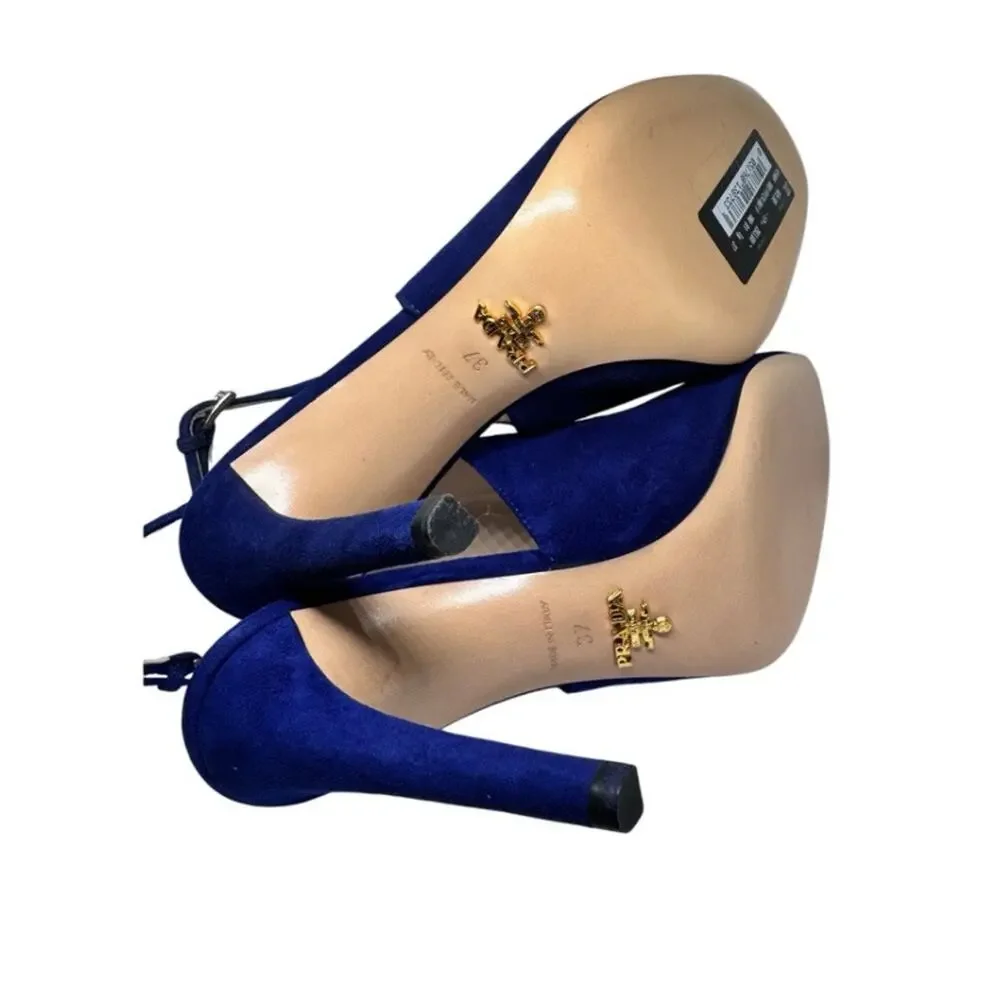 PRADA CAMO SC10 NAVY SUEDE MULE HEELS SIZE 37 ITALY ANKLE STRAP NEW IN BOX